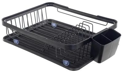 Obrázek produktu pro Odkapávač na nádobí – odkapávač – 43 cm – ocelový stojan s odkapávací miskou – košík na příbory – černý