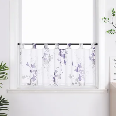 Produktbild von Joyswahl Scheibengardine mit Schlaufen Modern Küche Gardine Bistrogardine mit Blumendrucken Kurzstores kleine Vorhang landhausstil 1 Stück, Lila H45xB120cm