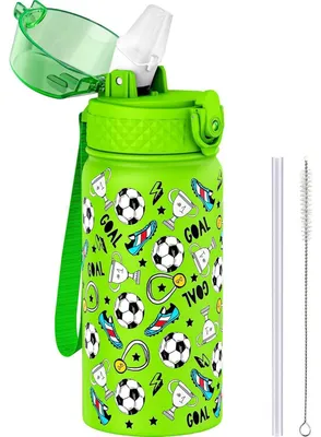 Obrázok produktu pre Detská termoizolačná fľaša 420 ml, nerezová oceľ, s brčkom, vákuovo izolovaná, bez BPA, zelená, s motívom futbalu