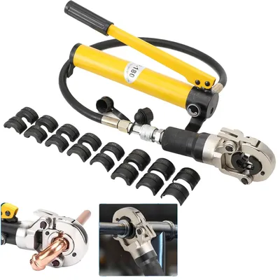 Immagine prodotto di Pinza idraulica per pressatura tubi, campo di pressatura 12-28 mm (forma a V), 16-32 mm (forma TH), forza di 6 tonnellate, 9 matrici incluse, impugnatura ergonomica