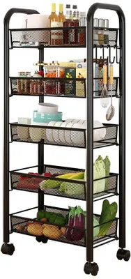 Productafbeelding van Unyqoos® Metalen rolwagen – mobiele opbergwagen met 5 etages, 4 haken, 4 wielen (waarvan 2 met rem), koolstofstaal, 44x26x102 cm