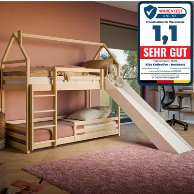 Produktbild von Hochbett mit Rutsche 90x200 cm, Hausbett, Etagenbett mit Rausfallschutz und Leiter, Bett Bed Bodenbett Jugendbett Spielbett für 2 Kinder, Kinderzimmer Sicherheit, Stabil Kiefer Holz massiv, in Natur