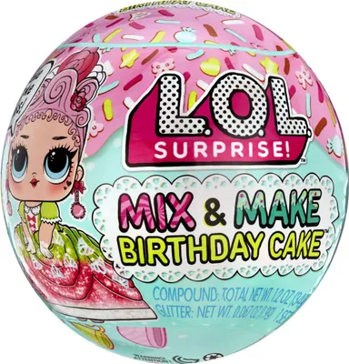 A spherical LOL Surprise! Mix & Make Birthday Cake toy packaging.