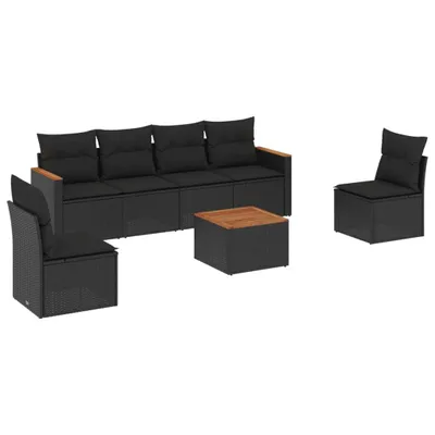 Produktbild von 7-tlg. Modulare Garten-Sofagarnitur, Schwarz, aus PE-Rattan und pulverbeschichtetem Stahl, mit Akazienholz-Tisch, inkl. Kissen mit waschbarem Bezug