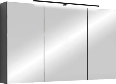 A three-door mirrored cabinet with a black LED light strip above it, set against a white background.