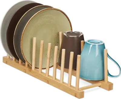 Image de Support à assiettes Relaxdays, pour 10 assiettes, planches à découper, couvercles de casseroles, égouttoir à vaisselle, support pour planches en bambou, naturel