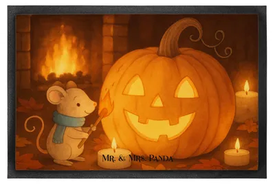 Produktbild von Mr. & Mrs. Panda Bodenvorleger Kürbis Maus Design 50 x 75 cm - Weiß - Geschenk, fußmatte, Schmutzmatte, Schmutzfänger, Halloween Deko, Trick Or Treat, Türmatte, Kerzen