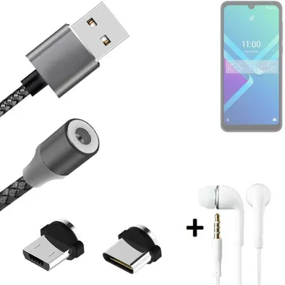 Produktbild von K-S-Trade® Hochwertiges Magnet-Lade-kabel Sync-Kabel Daten-Kabel + Kopfhörer für Wiko Y82 mit USB-Typ-C-Anschluss und Micro-USB-Anschluss 2A bis zu