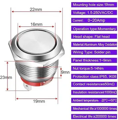 Zdjęcie produktu dla Wodoodporne przełączniki chwilowe 19 mm, 20 A, 4-biegunowe, SPST