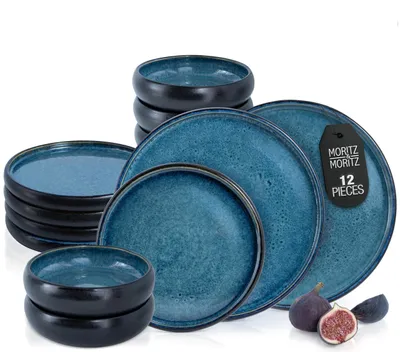 Geschirrset 12-teilig für 4 Personen, Steinzeug, blau
