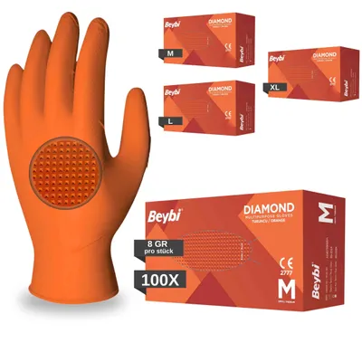 Produktbild von BEYBI®️ Einweghandschuhe Diamant Grip, 100 St/Box, Orange, Einmalhandschuhe Extra Stark, Nitrilhandschuhe Gr. XL 3x Dicker, Handschuhe Einweg, M,L,XL