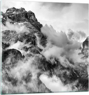 Produktbild von Bilder auf glas - Berge Nebel Gipfel - 70x70cm - Glasbilder - Wandbilder - Kunstdruck - zum Aufhängen bereit - Wanddekoration aus Glas - Glas Bilder - Wandbild auf Glas - Einteilig - GAC70x70-3664