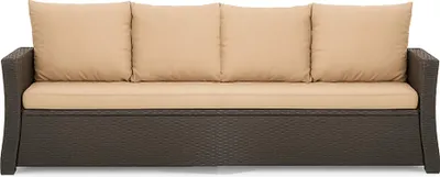 A studio shot of a sofa with beige cushions and a dark brown base.