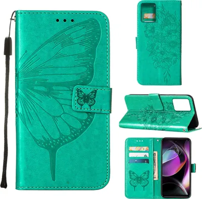 Produktbild von Lederhülle für Motorola Moto G (2023) Schmetterling Prägung Flip Ledertasche Kartenfächer Handyhülle mit Ständer Grün