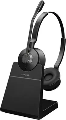 A black Jabra Engage 55 UC Stereo USB-A headset with a charging base.