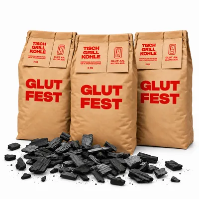 Produktbild von Glutfest Braun Tischgrillkohle  3x3 kg - 15-40mm | 100 % Buche & Eiche Stückung kohle - für Tischgrills & Holzkohlegrills auf dem Balkon | C44-Zittau