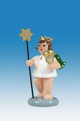 Obrázok produktu pre Drevená figúrka anjela s hviezdou zvončekom bez korunky výška 6cm NOVINKA