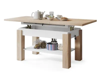 Produktbild von Multifunktionaler Couchtisch ASTRA 110x68cm SONOMA Eiche + WEIß -höhenverstellbar & ausziehbar –Wohnzimmertisch modern, stabil –in verschiedenen Farbe