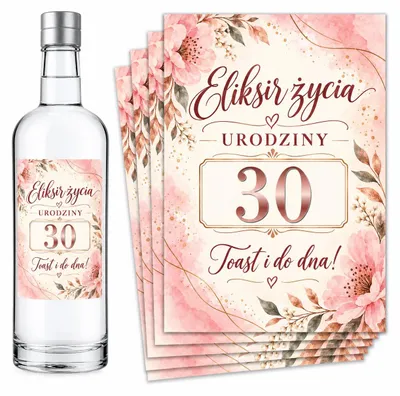 Zdjęcie produktu dla Naklejki na Butelki 30 Urodziny Pudrowe Kwiaty 8 szt