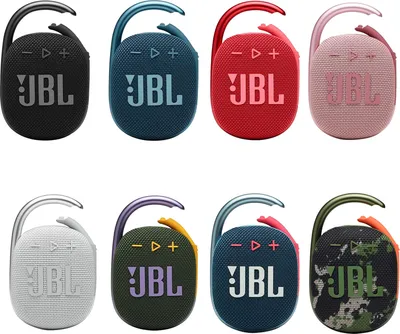 A grid of eight JBL Clip 4 speakers in various colors.