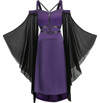 Produktbild von Gothic Kleid Damen Mittelalterlich mit Trompetenärmeln und gebundener Taille, Halloween/Karneval Kostüm, Größe M, Lila