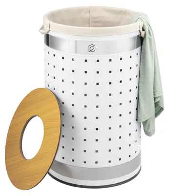 Image de eluno bac à linge rond, panier à linge, collecteur de linge avec sac à linge lavable et couvercle amovible, capacité 50 litres pour chambre à coucher, salle de bain, rangement de linge en métal, blanc