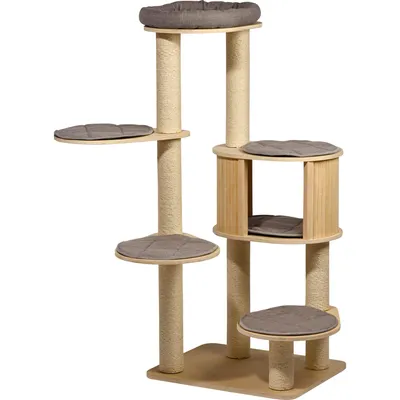 A multi-level cat tree with scratching posts and platforms.