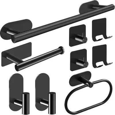 Produktbild von Famanu Badzubehörset 9-teilig – Edelstahl – Wandmontage – Handtuchhalter, Toilettenpapierhalter, Haken und mehr
