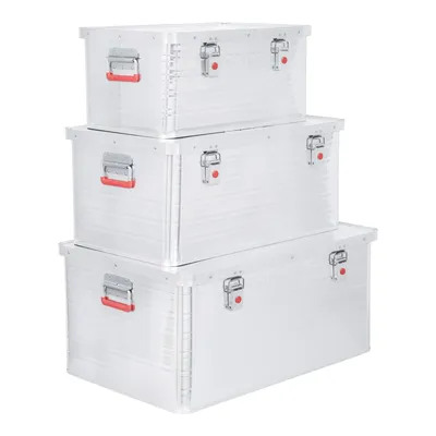 Produktbild von STIER Alubox Set, Aluminiumbox 50L 85L und 135L, stapelbare Transportkisten, Staub- und spritzwasserresistent mit Gummidichtung und Klapphandgriffen, für Transport und Lagerung