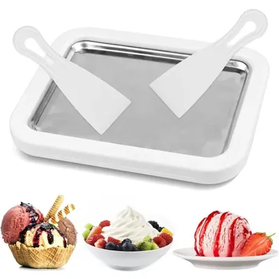 Obrázek produktu pro Nerezová zmrzlinovačka Ice Cream Rolls Maker s mrazicí deskou a 2 stěrkami na domácí zmrzlinu, 26 × 21 cm, bílá