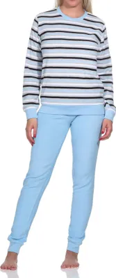 Produktbild von Damen Frottee Schlafanzug langarm mit Bündchen - Streifenoptik - auch in Übergrössen ; blau , 36