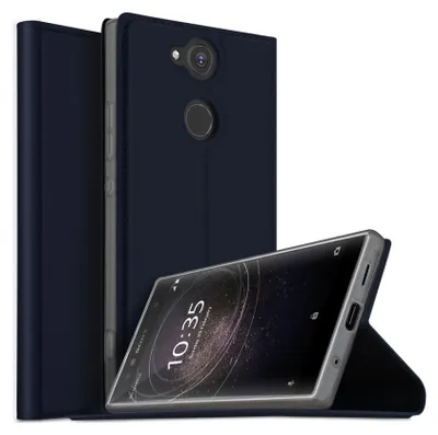 A dark blue flip case for a smartphone is shown, with the phone inside and its screen displaying the time.