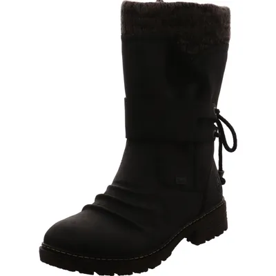 A black boot with a gray knitted cuff is shown against a white background.