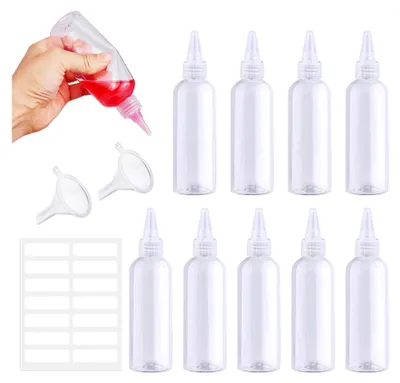 Produktbild von 10 Stück Quetschflasche 100ml, Leere Kunststoffflaschen zum Befüllen, Kleine Saucenflasche mit Kappen, Trichtern und Etiketten für Saucen, Farben und Öle
