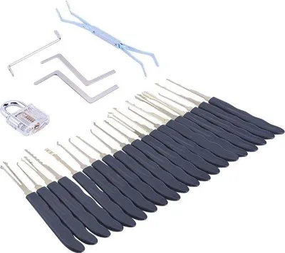 Produktbild von Famanu 24-teiliges Lockpicking Set mit Mini-Hängeschloss und Kunststofftasche - Verschiedene Picks und Schlüssel