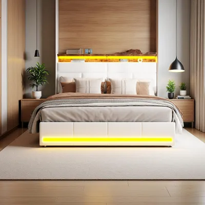 Immagine prodotto di Letto imbottito bianco 140x200 cm in PU, con LED e porte USB, rete a doghe con apertura idraulica, ampio vano contenitore (senza materasso)