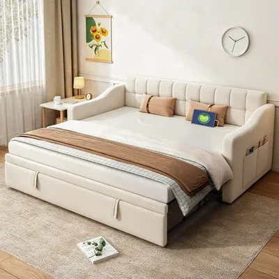 Produktbild von Flieks Tagesbett Schlafsofa 90x200cm mit Ausziehbett, Polsterbett Einzelbett mit Ladefunktion, Sofabett Daybed Gästebett mit Armlehne, Samt, Beige
