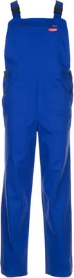 A pair of blue overalls is shown against a white background.