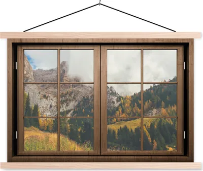 Produktbild von MuchoWow® Textilposter Aussicht - Berg - Baum 120x80 cm mit holzfarbenen Rahmen - Aufhängeset
