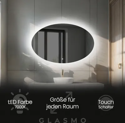 Produktbild von Badspiegel mit Beleuchtung 80x60 cm Mila - Horizontal Oval Spiegel mit LED Beleuchtung - Kaltweiß 7000K - Badezimmerspiegel Lichtspiegel mit Touch Schalter
