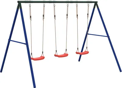 A swing set with three red seats and a blue frame against a white background.