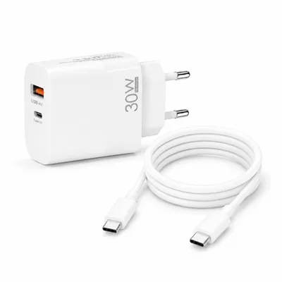 Produktbild von 30W USB-C Ladegerät GaN mit 2m USB-C Ladekabel (20W) – 2-Port Schnellladeadapter (USB-C PD 30W & USB-A QC) für Smartphone & Tablet