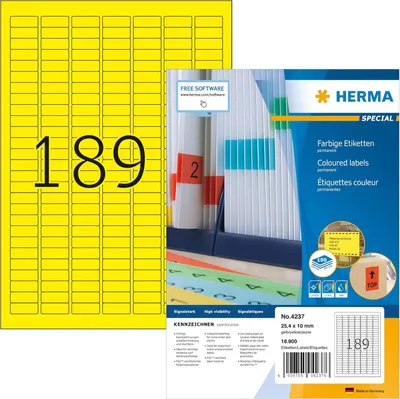 Produktbild von HERMA 4237, Gelb, Abgerundetes Rechteck, Matte, 189 Stück(e), 100 Blätter, 25,4 mm