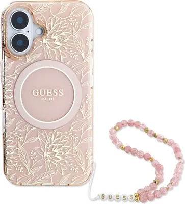 Zdjęcie produktu dla Guess IML Flowers Allover Electro With Pearl Strap MagSafe - Etui iPhone 16 (różowy)