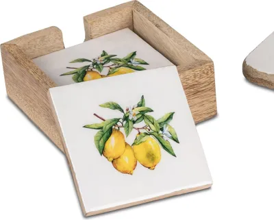 Produktbild von Untersetzer 4 Stück ZITRONEN 10x10cm aus Mangoholz + Emaille Formano S25