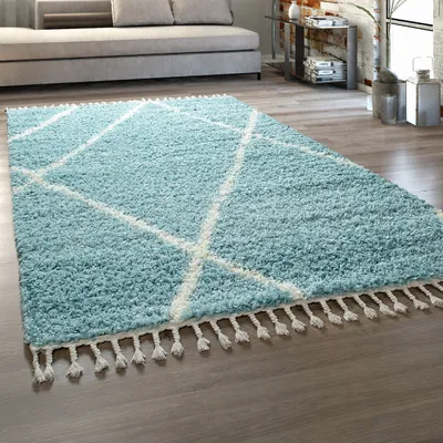 Produktbild von Hochflor Teppich Wohnzimmer Shaggy Skandinavischer Stil Fransen Türkis Creme Grösse 60x100 cm