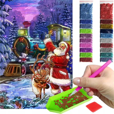 Zdjęcie produktu dla Haft diamentowy ARTULIO - Święty Mikołaj z reniferem i pociągiem - 60 x 40 cm - Diamond painting, Kompletny zestaw: mozaika + akcesoria