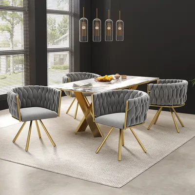 Immagine prodotto di okwish Sedia da pranzo girevole, in velluto, set di 4 pezzi, singola, color crema, sedia girevole per il soggiorno, con 4 gambe in metallo, grigio e oro