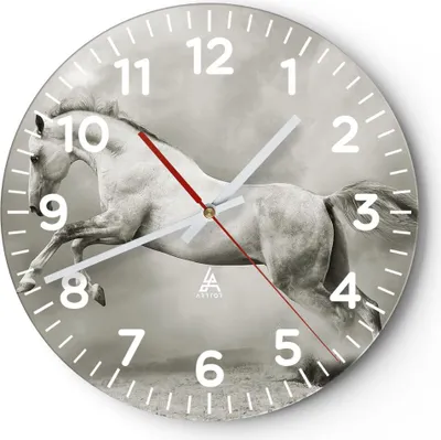 Produktbild von Wanduhr - Rund - Glasuhr - Pferd Tier - 30x30cm - Schleichendes Uhrwerk - Lautlos - zum Aufhängen bereit - Dekoration Modern - Wanddekoration aus Glas - C4AR30x30-3542