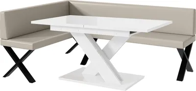 Produktbild von MEBLINI Eckbank für Esszimmer mit ausziehbarem Tisch  - Küchenbank - Essecke - Sitzecke Küche - TONI - X-Beine 142x196x87cm Links - Beige Kunstleder/B Weiß Hochgl.